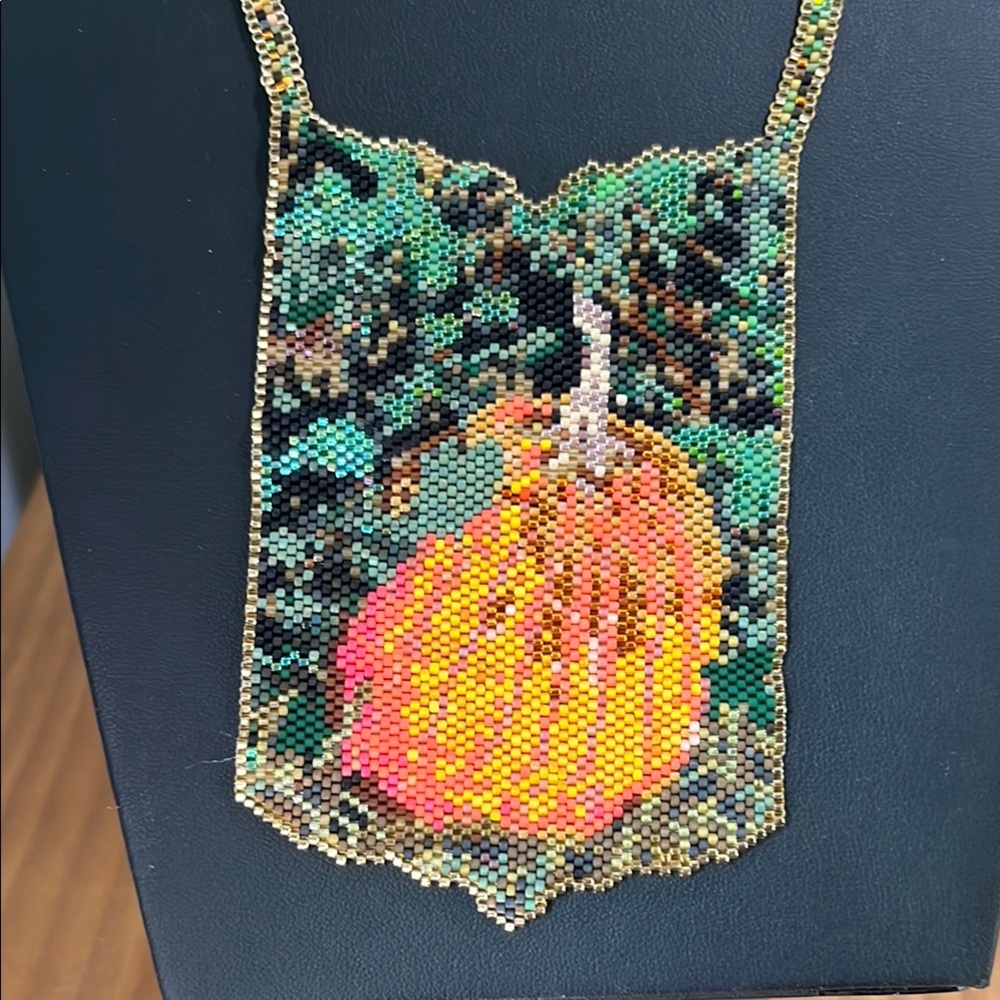 Vintage hand beaded Fall/Halloween necklace Amulet approx 3x4.5 inches